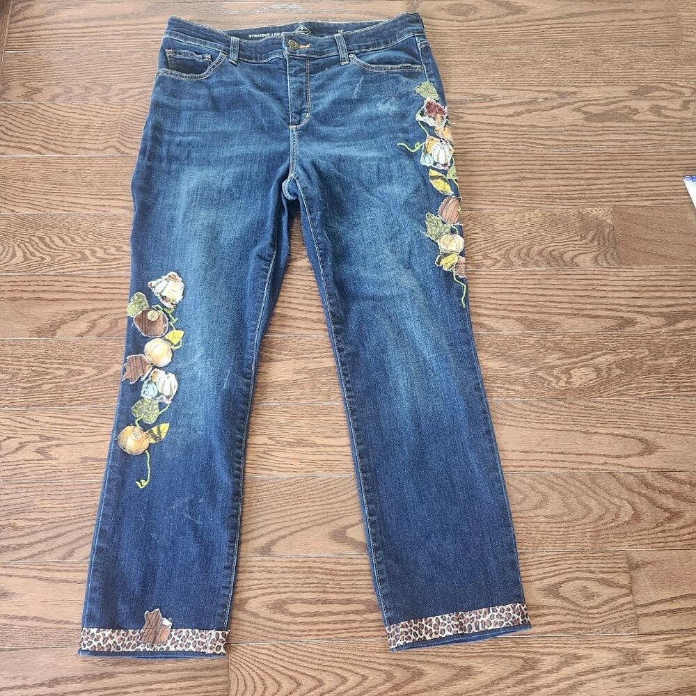 St. John's Bay Women's Blue Straight Leg Pumpkin Embroidered Fall Jeans